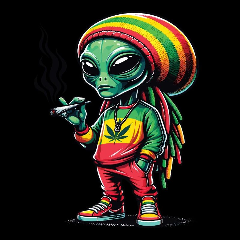 Ein Rasta-Außerirdischer raucht einen Cannabis-Joint