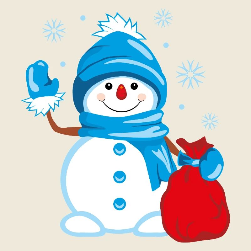 Schneemann mit einer Tasche voller Geschenke winkt