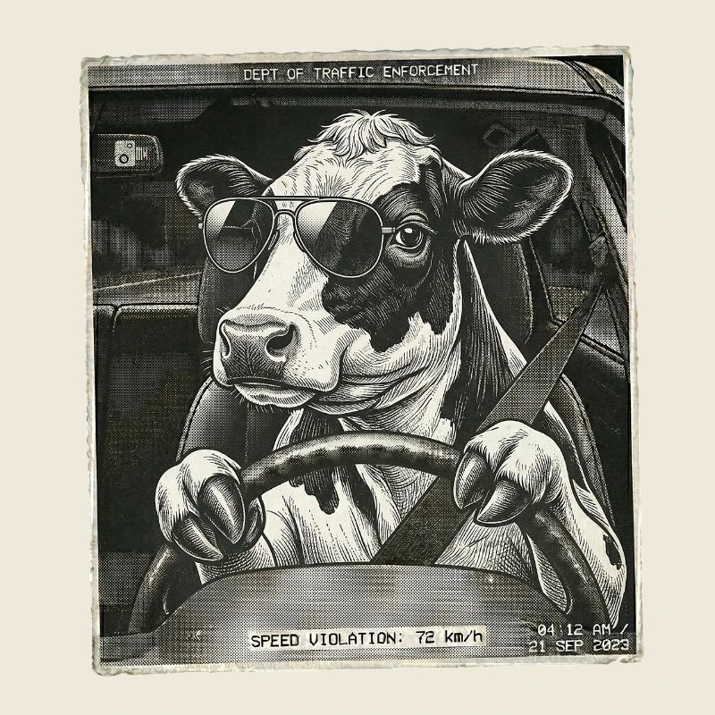 Vache laitière flashed conduisant une voiture