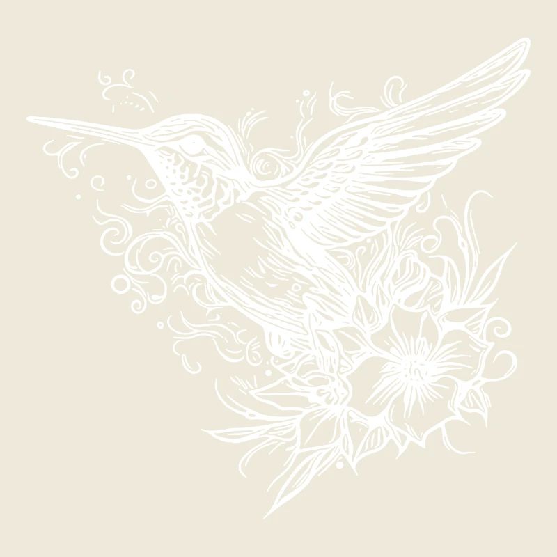 Tattoo Style Kolibri fliegend zwischen Blumen