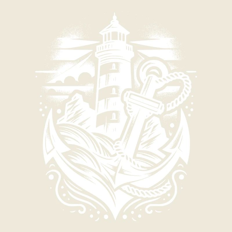 Glowing lighthouse on the coast with anchor