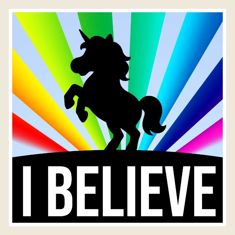 I BELIEVE Einhorn vor leuchtenden Regenbogenstrahl