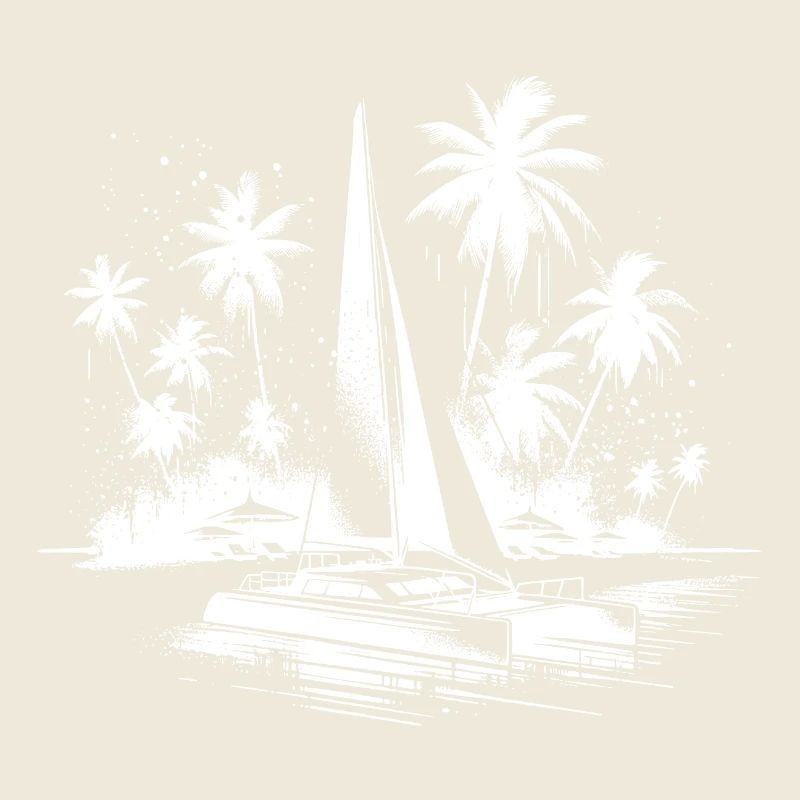 Catamaran sailboat with palm trees