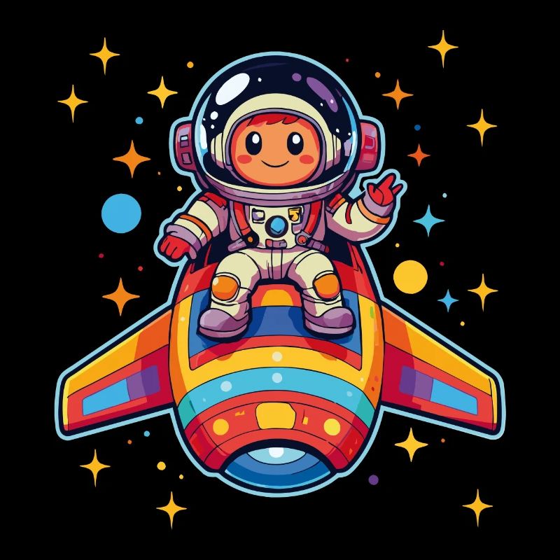 Petit astronaute dans un vaisseau spatial coloré dans l’espace