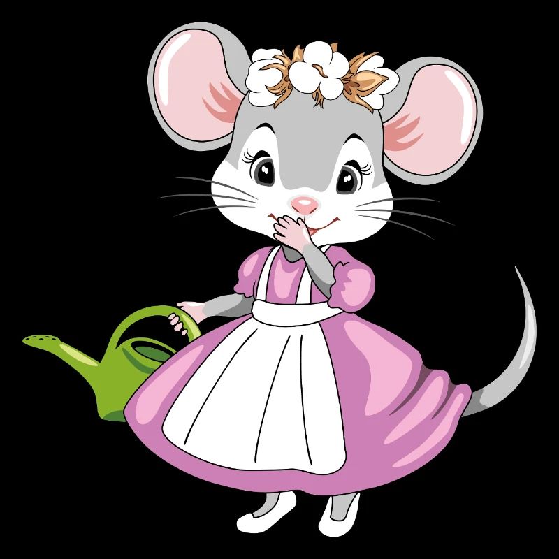 Petite dame souris timide avec un arrosoir de jardin