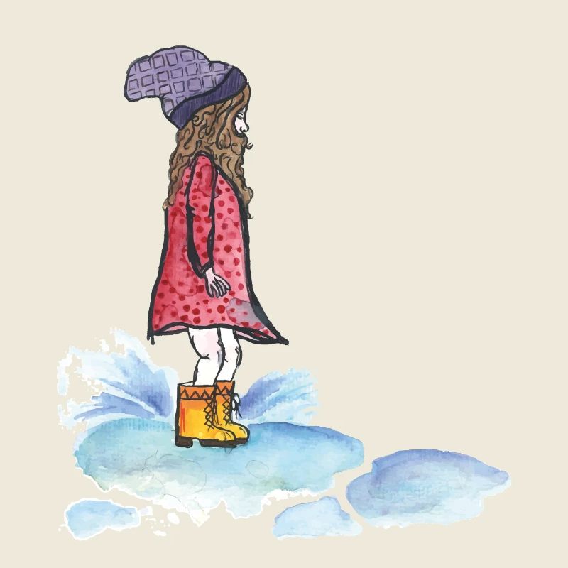 Mädchen spielt im Regen und springt in eine Pfütze