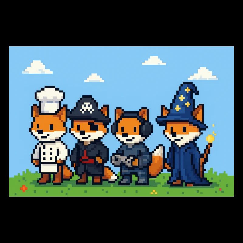 Pixel art fox group in fantasy world