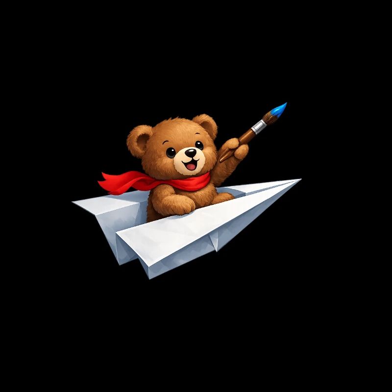 Bär mit Pinsel auf Papierflugzeug 