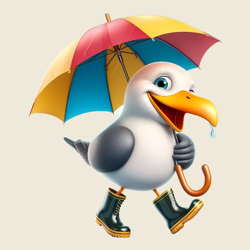Verspielter Möwen-Charakter mit Regenschirm