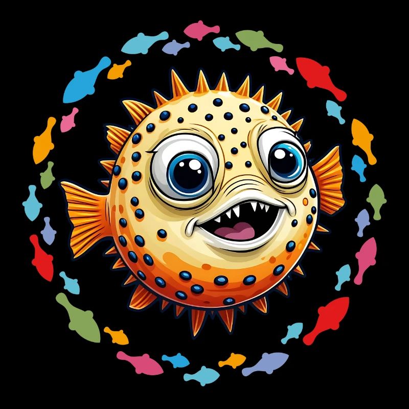 Drôle de poisson-globe rieur et poisson coloré