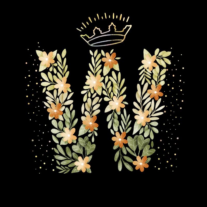 Monogramm Buchstabe W mit Krone, florales Ornament