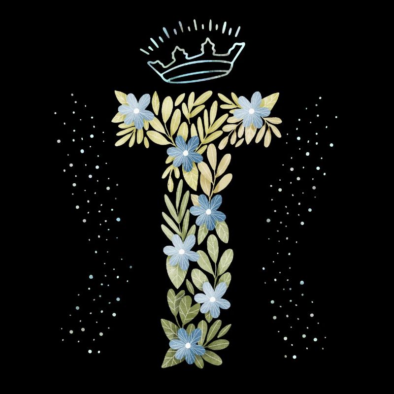 Monogramm Buchstabe T mit Krone, florales Ornament