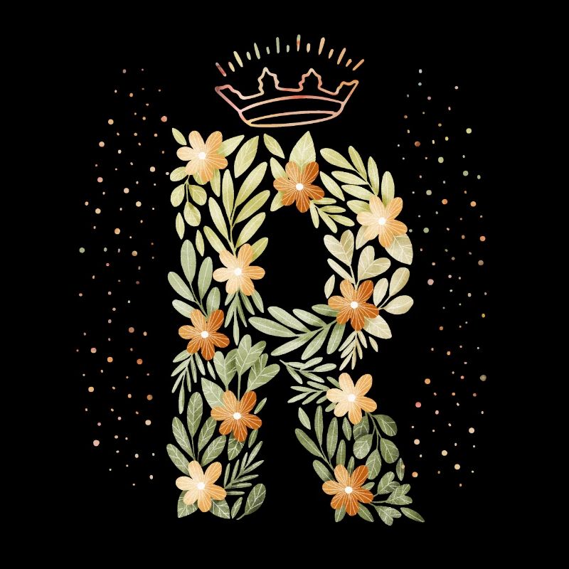 Monogramm Buchstabe R mit Krone, florales Ornament