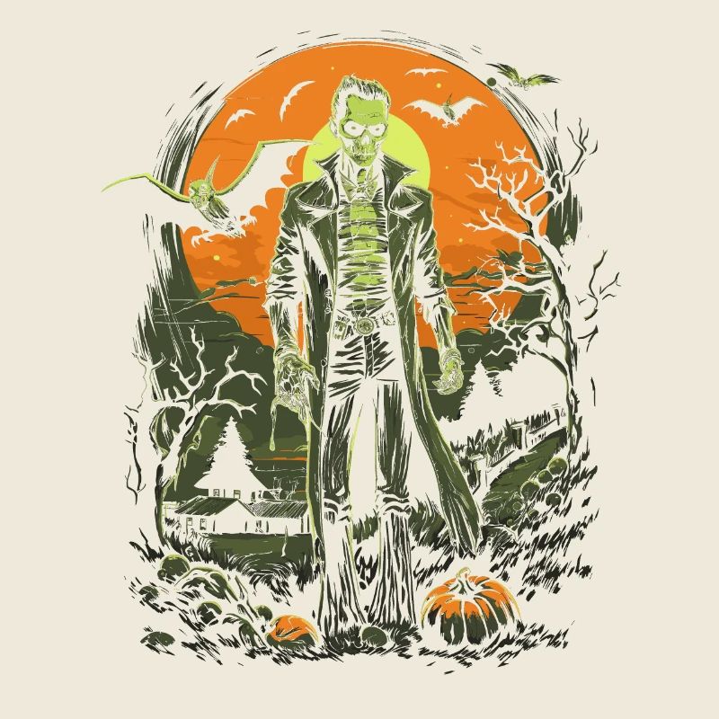 Skeleton zombie with bats in front of moon halloween