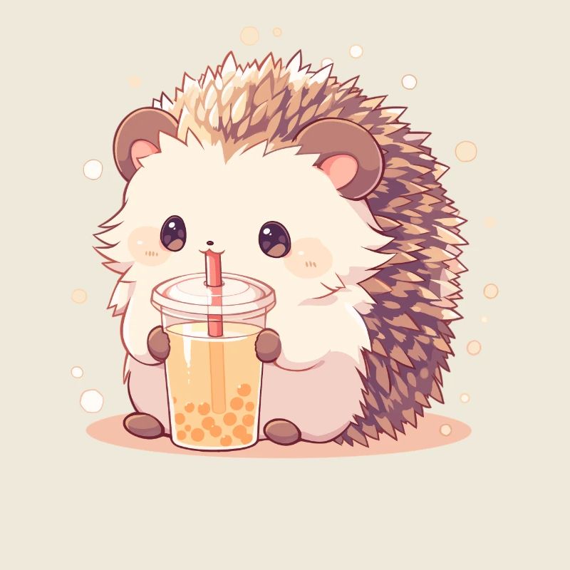 Kawaii Hedgehog Drinks Boba Bubble Tea Chibi