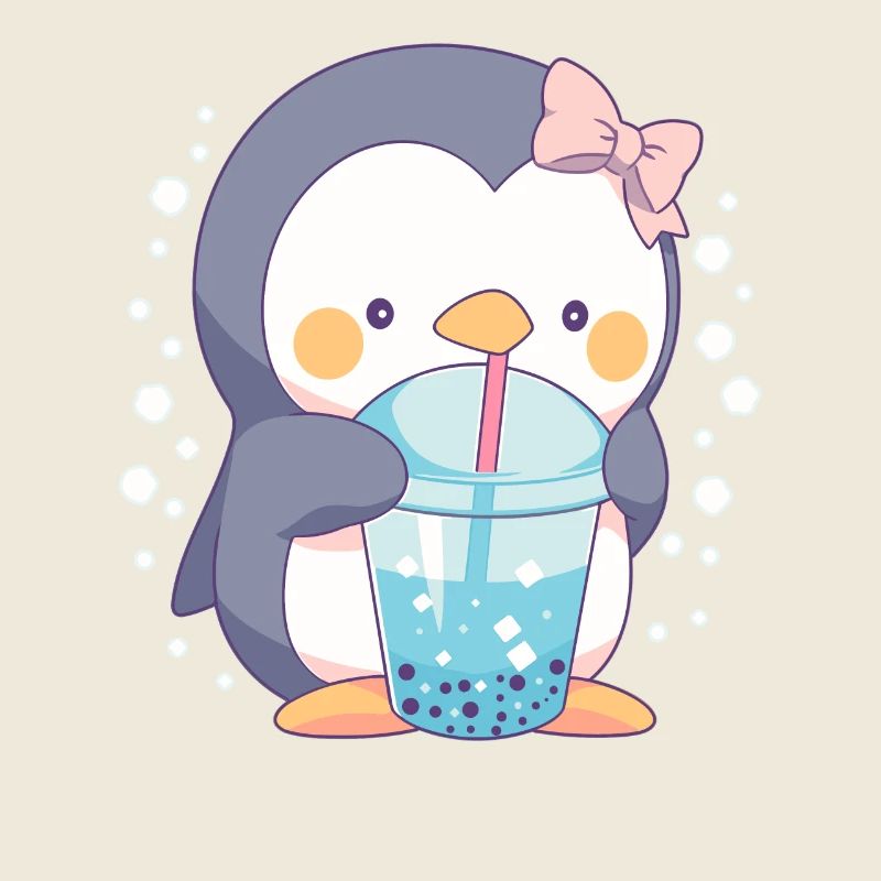 Kawaii Penguin Drinks Boba Bubble Tea Chibi
