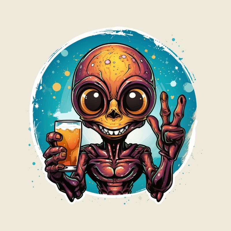 Alien drinks a beer and rejoices.