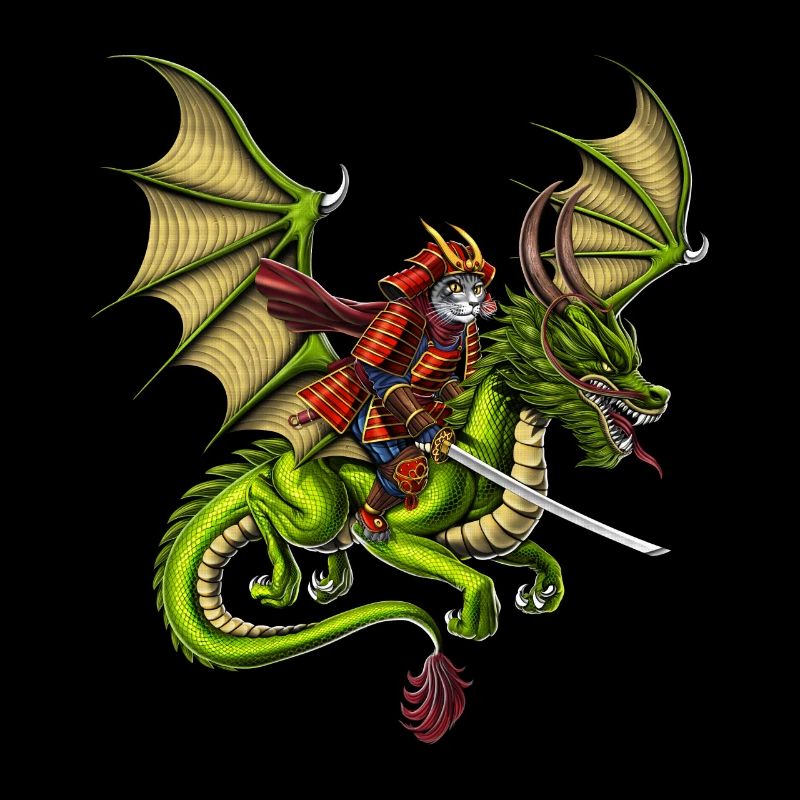 Japanese Samurai Cat Riding Dragon