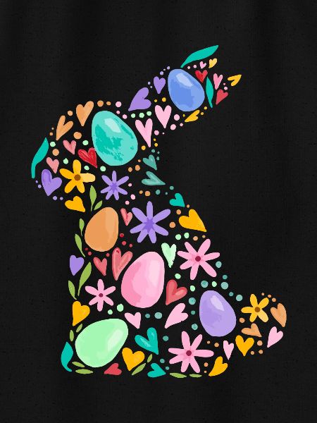 Farverig påskehare, påskeæg, blomster, påskegrafik