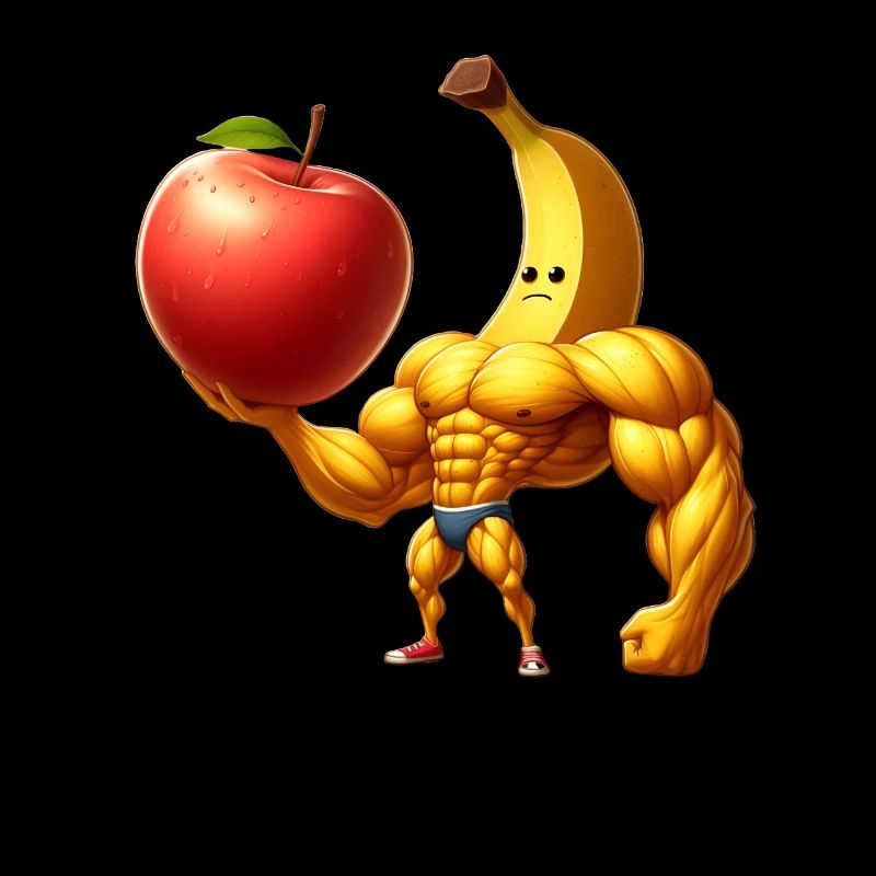 Banane musclée soulevant une énorme pomme