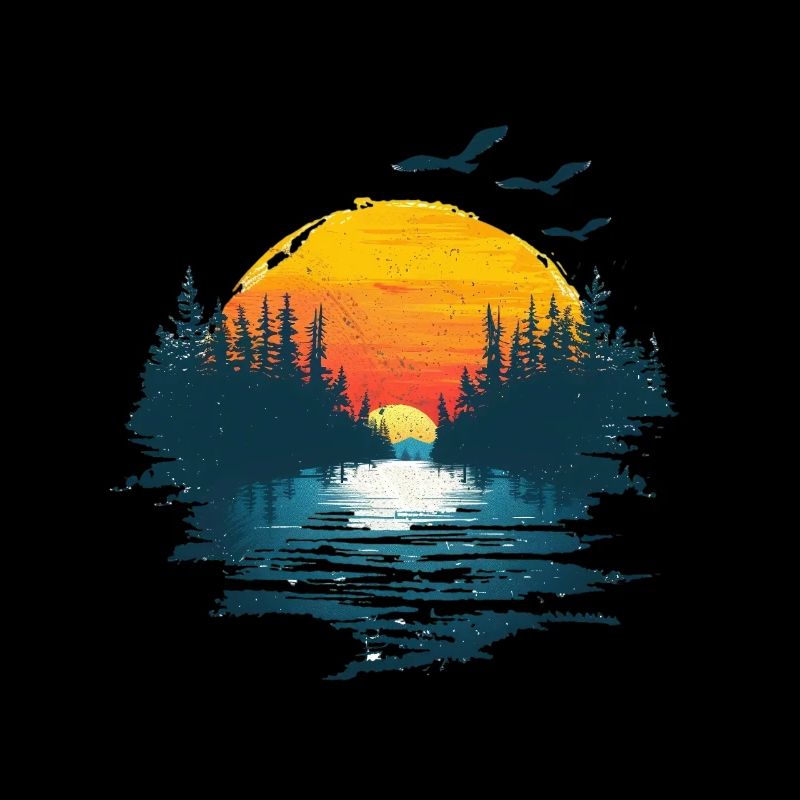 Motif Forêt Coucher De Soleil Et Oiseaux