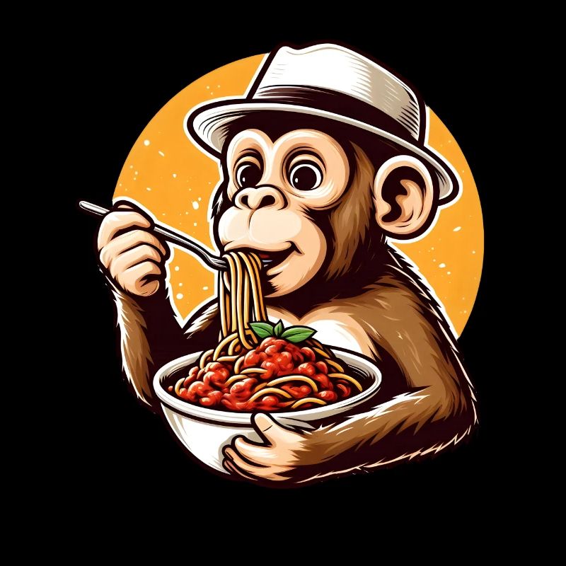 Singe dégustant des spaghettis à la bolognaise
