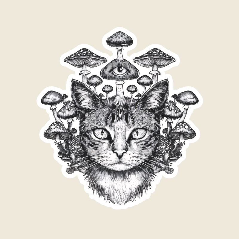 Surreal cat with third eye and mushrooms on its head