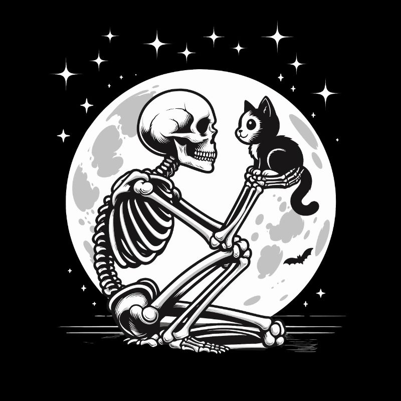 Halloween Skeleton Cat Full Moon Cute Funny