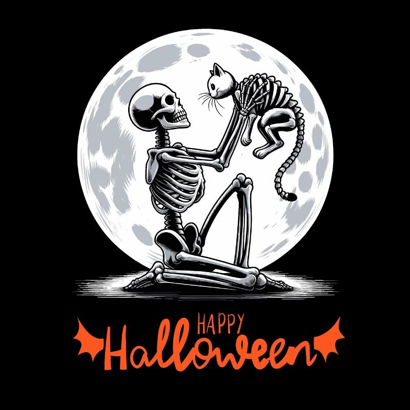 Joyeux Halloween Squelette Chat Pleine Lune Nuit