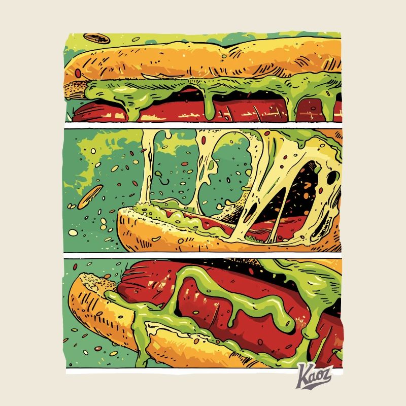 Comic panels: Cheese monster sausage in a bun
