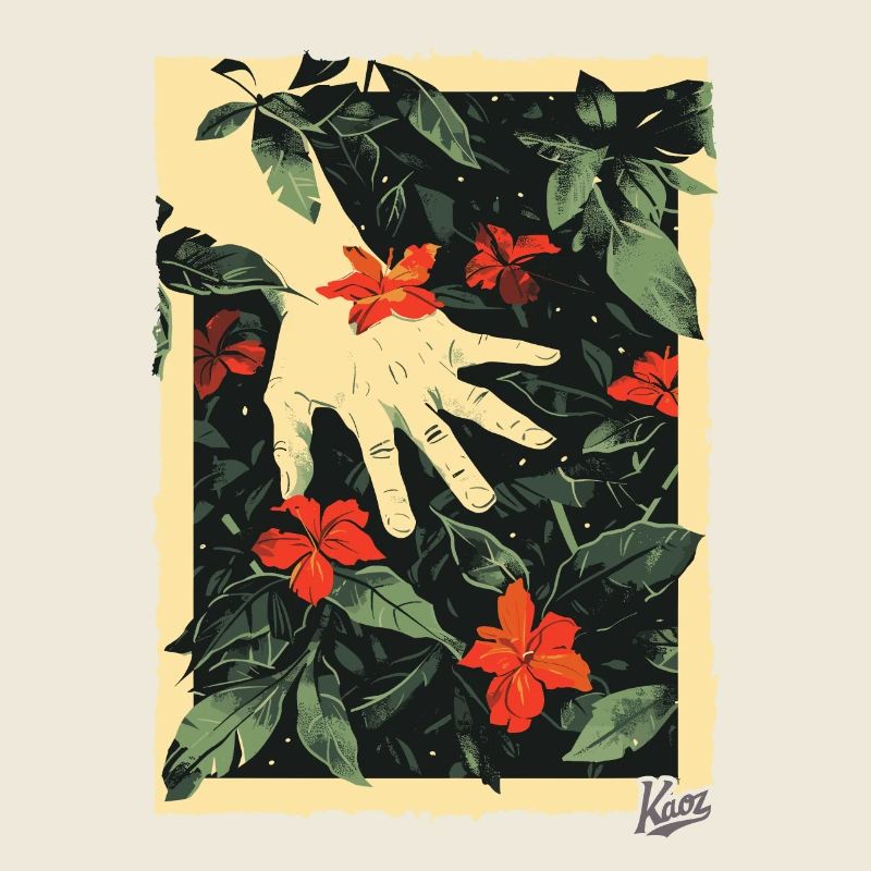 Propaganda style: Hand on the plants in paradise