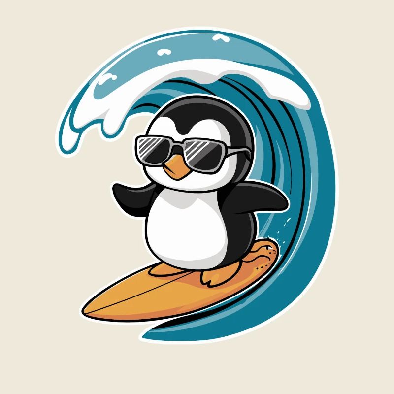 pingouin cool sur une planche de surf sous la vague