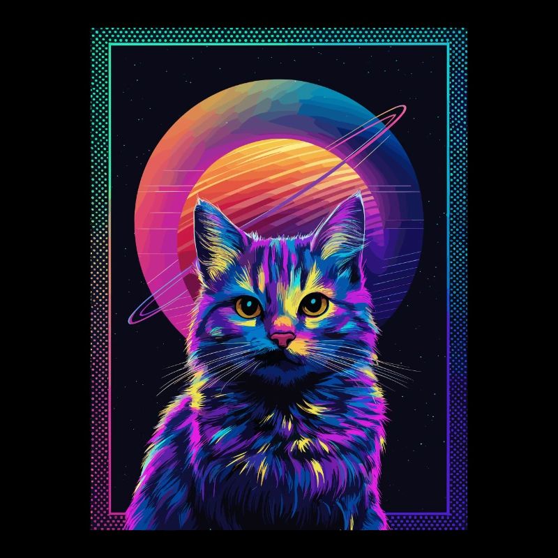 Tierkunst Planet Fantasy Artwork Katze Vor Saturn