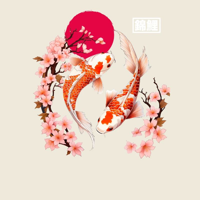 Des fleurs de carpes koi et de cerisier dans la lune rouge