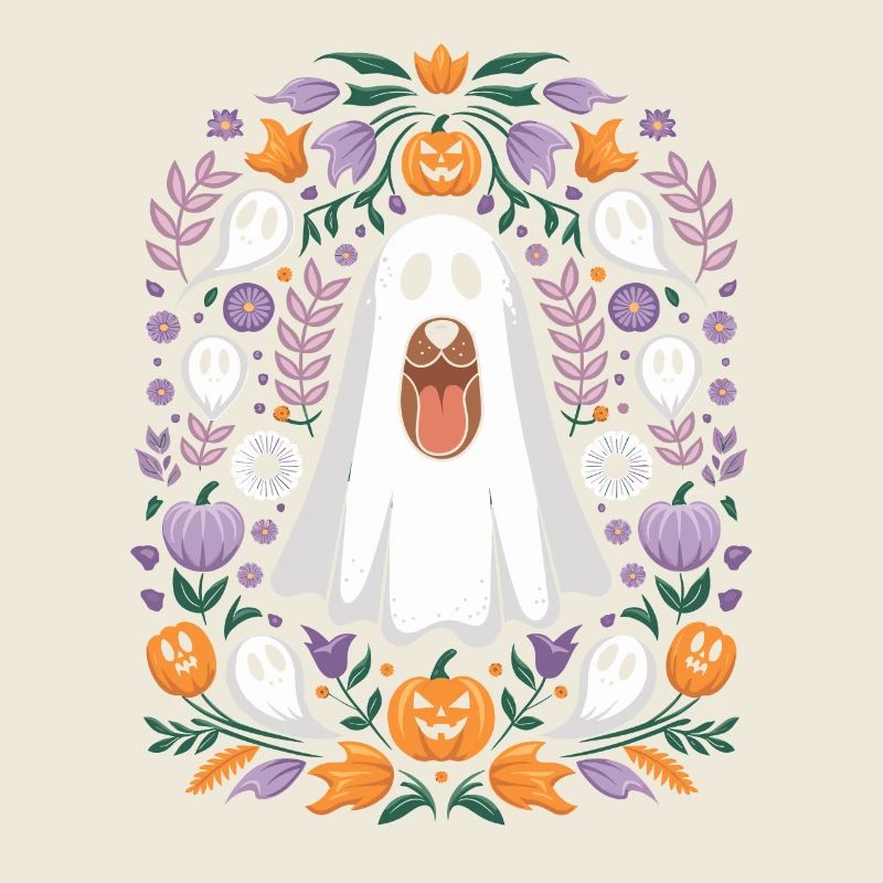 Fantôme de chien d'Halloween avec citrouilles et fleurs