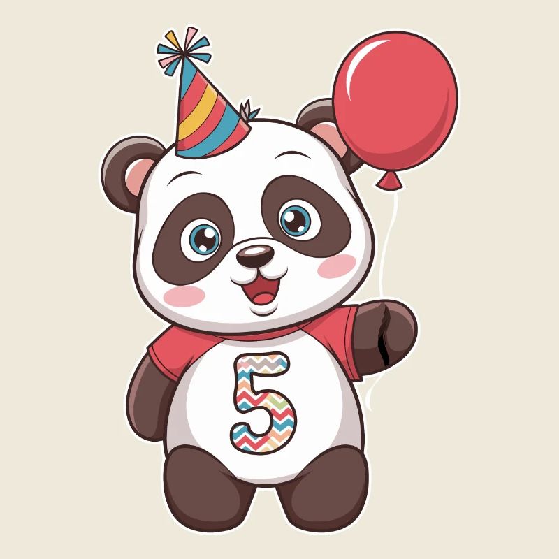 5th Birthday Panda with Balloon and Party Hat