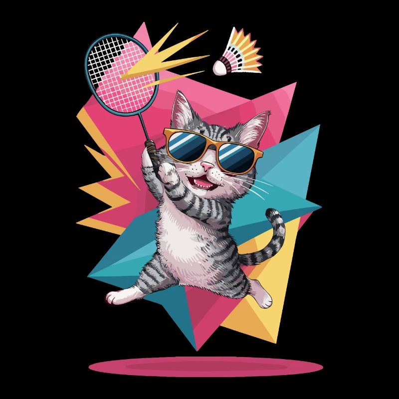 Cool cat with sunglasses doing badminton