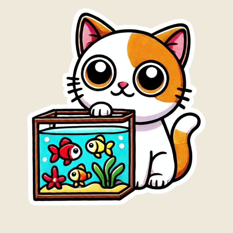 Mignon chat blanc roux assis près de l’aquarium