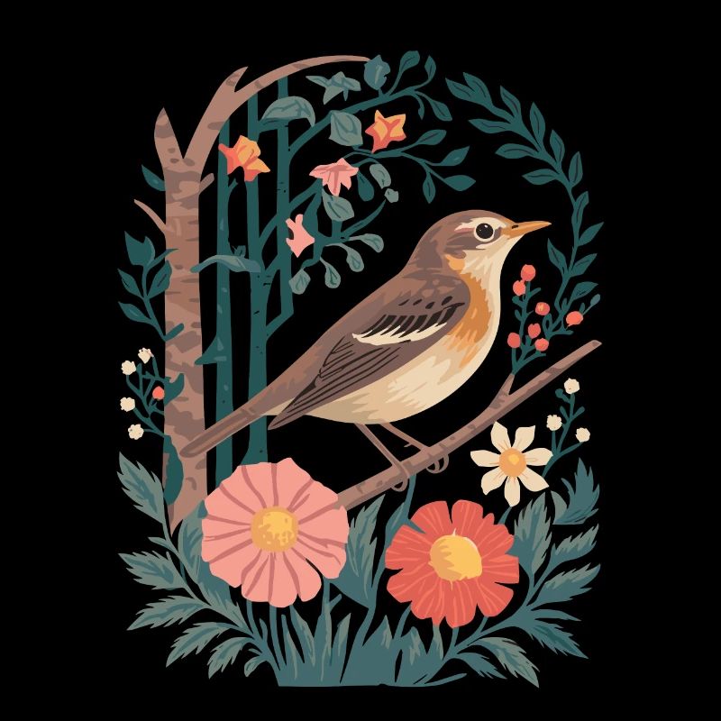 Cottagecore Forest Bird with Flowers and Twigs