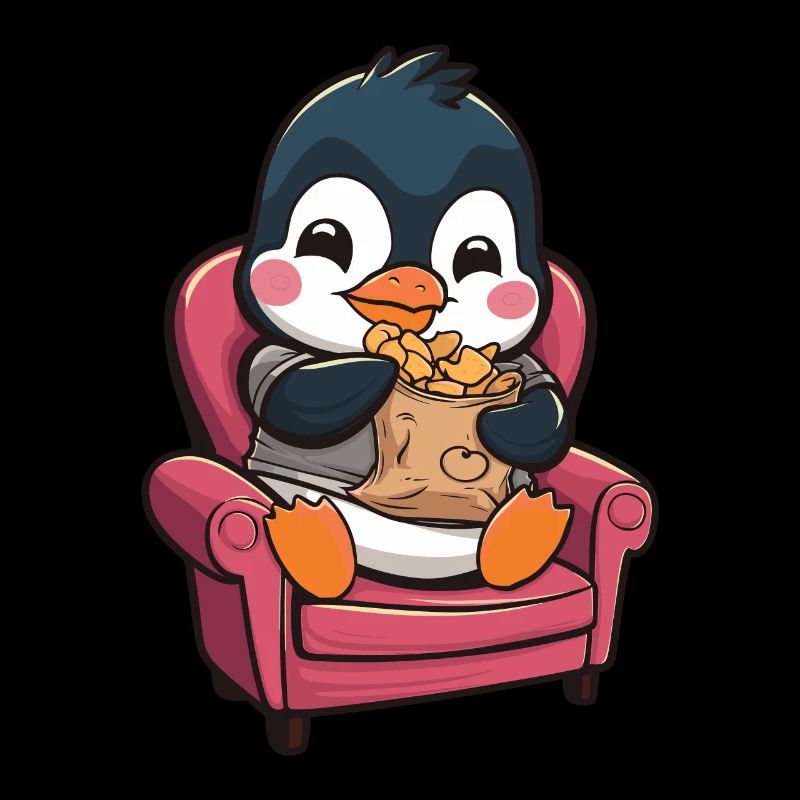 Süßer Pinguin mit Snacks auf Sessel