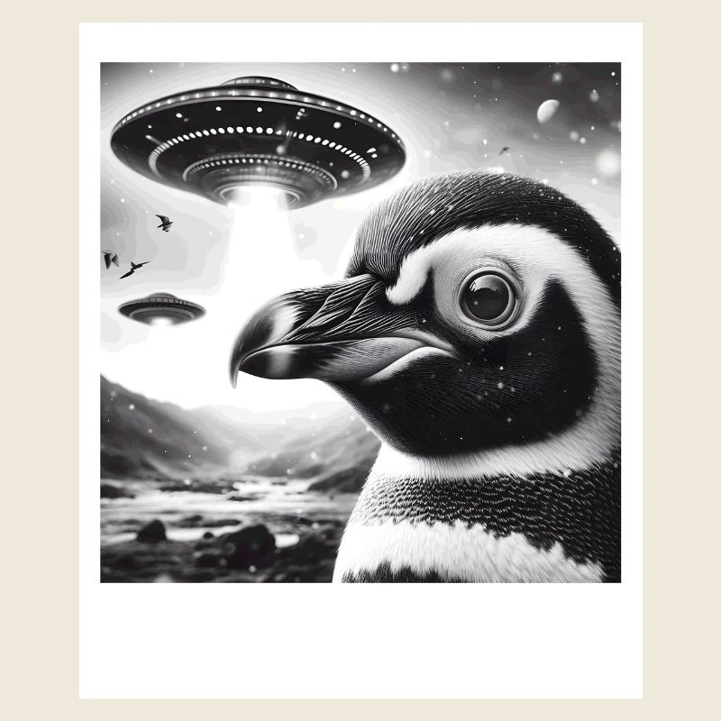 Pinguin Sci-Fi Lustiges Grafik-Selfie mit UFOs Wehr