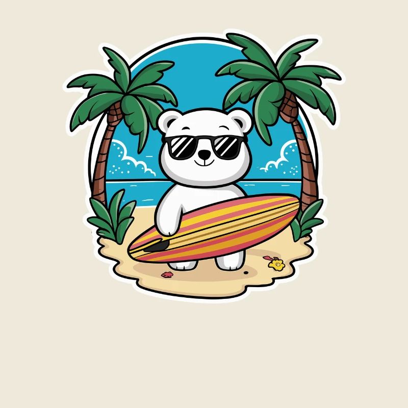 Ours polaire cool sur la plage avec planche de surf