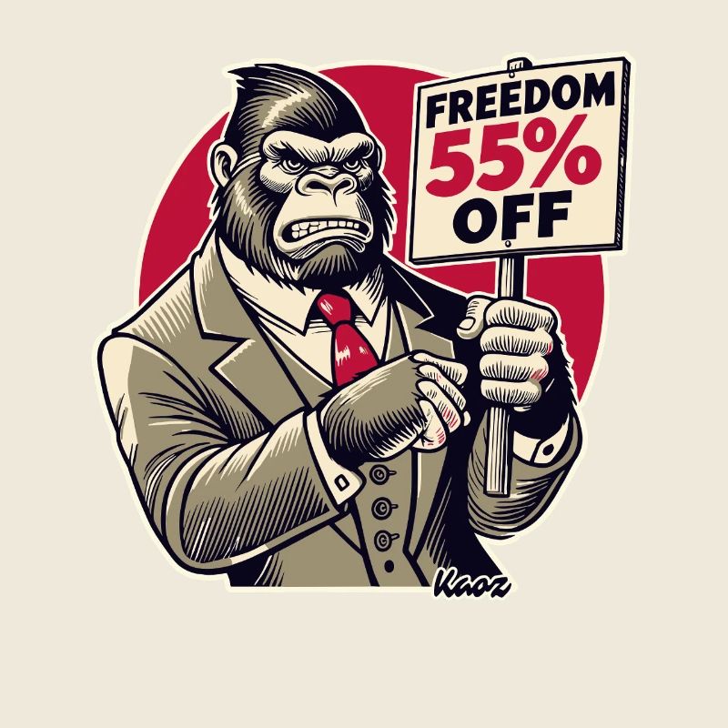 Gorilla mit Schild: Freiheit im Ausverkauf-Angebot