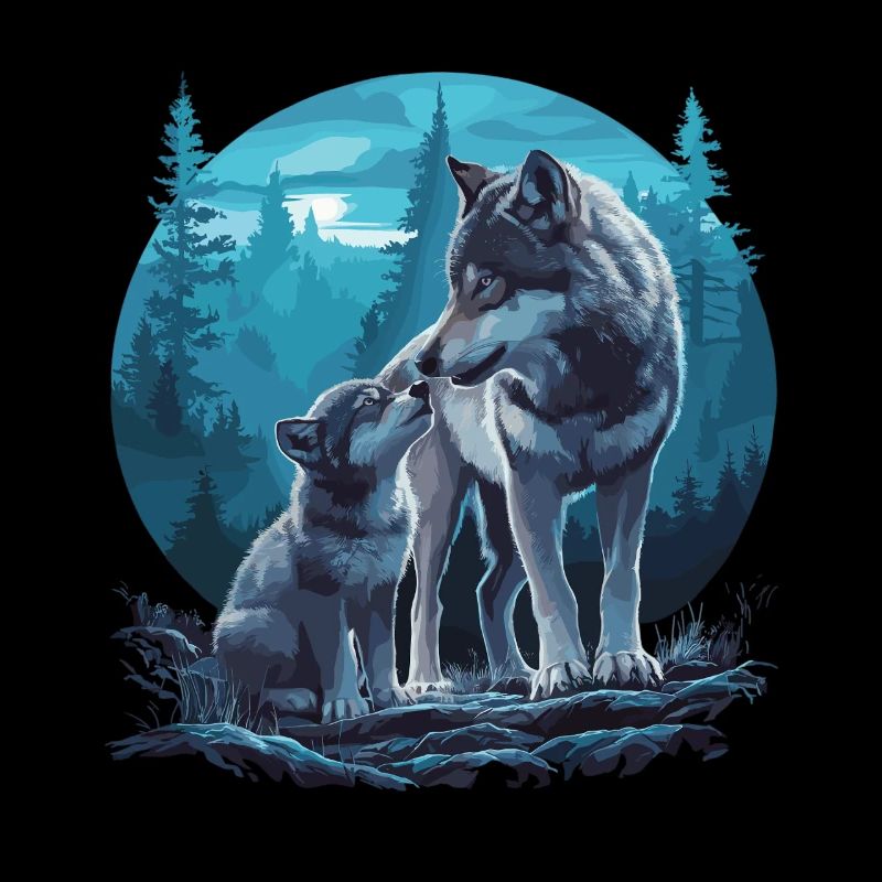 Wolfsmutter und Junges – Mystische Waldkunst