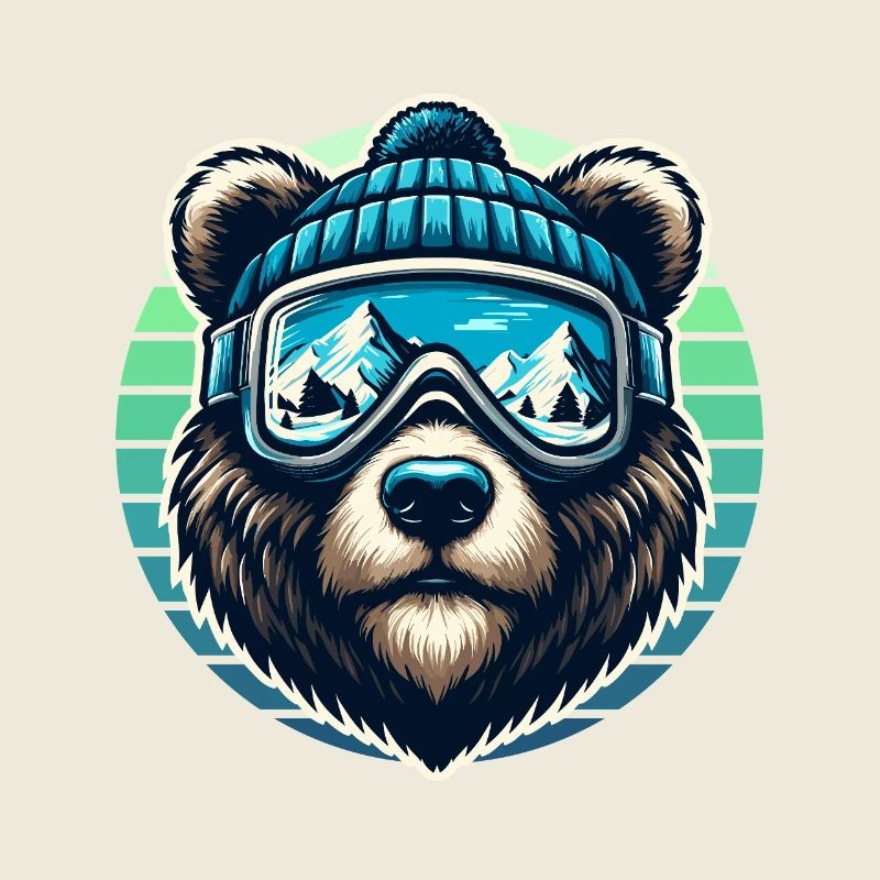 Funny bear with ski goggles and ski cap loves skiing
