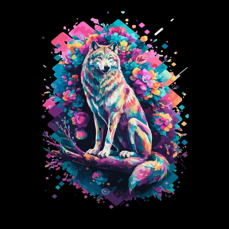 Colored wolf with flowers and geometric shapes