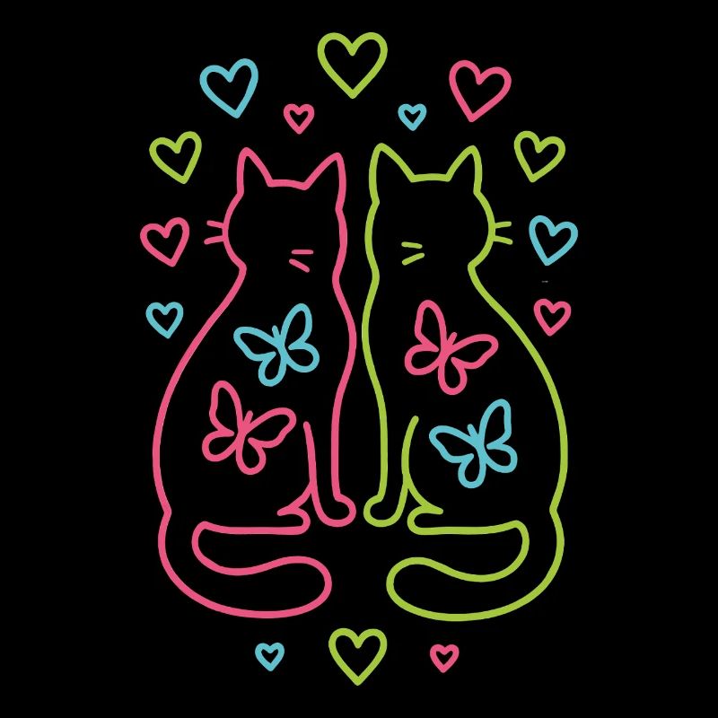Paire colorée de chats avec des coeurs papillons
