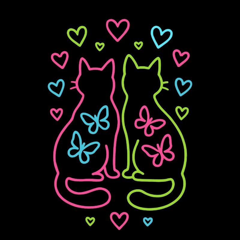 Neon Katzen mit Herzen & Schmetterlingen