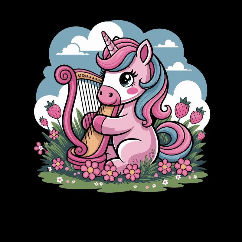 Licorne avec harpe et fraises dans le champ de fleurs