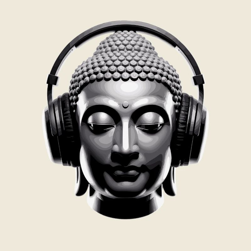 Buddha mit Kopfhörern Achtsamkeit Musik Boho Zen
